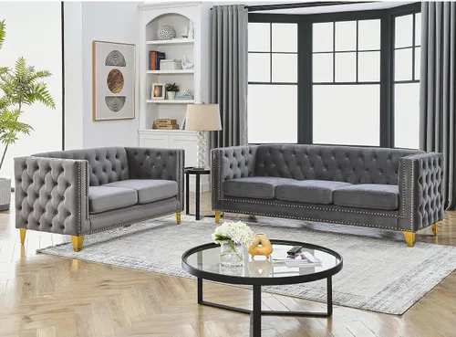 Vista 13 de Sofá de terciopelo de 3 plazas, cómodos sofás para sala de estar, sofá moderno con respaldo copetudo y decoración de remaches, sofá largo tapizado