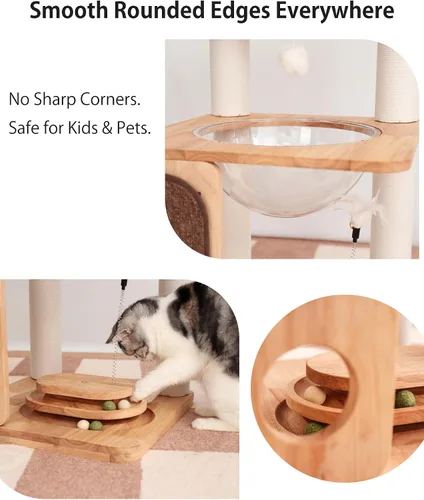 Vista 6 de Árbol de madera para gatos grandes, torre moderna para gatos con estantes anchos, postes rascadores de algodón, base súper resistente, perchas