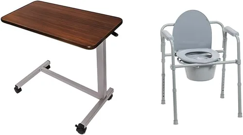 Vista 8 de Vaunn Mesita de noche ajustable para colocar sobre la cama con ruedas (uso doméstico y hospitalario), color marrón nogal y almohadillas desechables