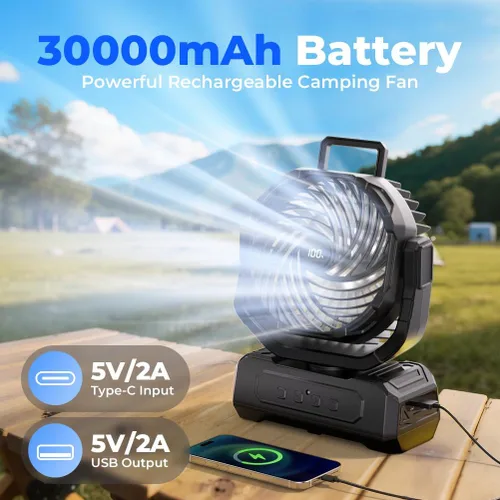 Vista 3 de Ventilador Portátil de Camping de 30000mAh con Linterna RGB, Alimentado por Batería Recargable Oscilante con 4 Velocidades de Viento Pantalla LED
