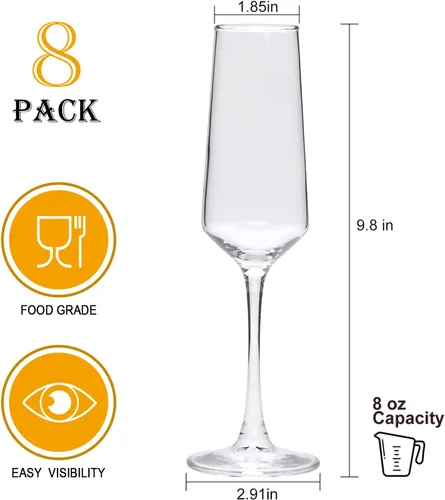 Vista 2 de Juego de 8 copas de champán, elegantes copas de champán de 8 onzas Copas de champán espumosas transparentes, vidrio de mimosa, prosecco