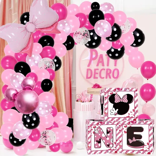 Vista 7 de Suministros de cajas de globos para fiesta de primer cumpleaños para bebé, niñas 3 piezas con temática de ratón rosa, cajas de globos de un año