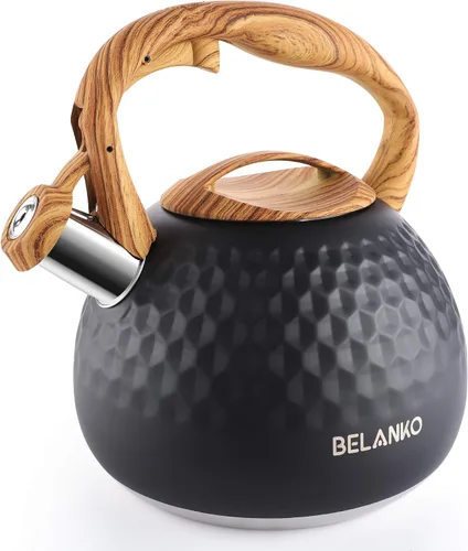 Vista 10 de BELANKO - Tetera de acero inoxidable de 2.7 cuartos de galón para estufa, de grado alimenticio con mango de patrón de madera, con silbido fuerte
