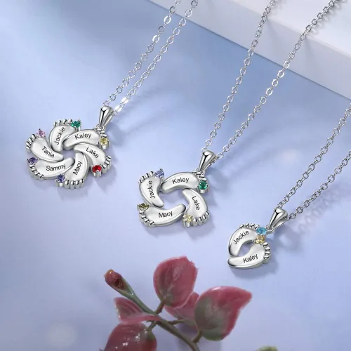Vista 6 de ROSI - Collar personalizado con nombre de madre con 1-6 piedras natales, collar con colgante de pies de bebé, collar con dije con nombre grabado