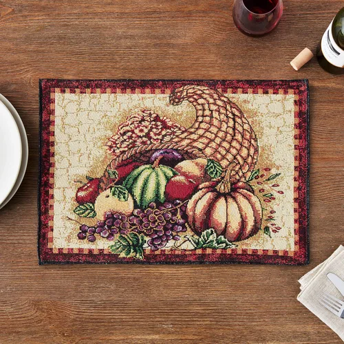 Vista 5 de Colección Fall Harvest - Tapiz Cornucopia con diseño de calabazas y frutas, juego de cuatro manteles individuales de 13 x 19 pulgadas