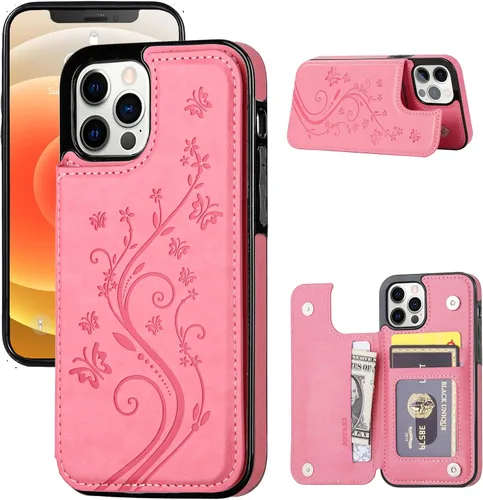 Vista 9 de Funda tipo cartera compatible con iPhone 12 Pro/12, funda protectora delgada con tarjetero, funda premium de cuero sintético con función atril