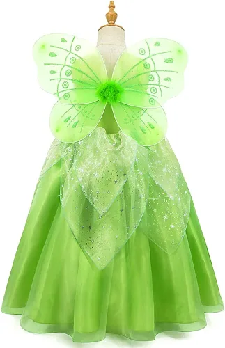 Vista 5 de Disfraz de princesa de hadas para niños y niñas con alas de hadas verdes Halloween cosplay fiesta de cumpleaños