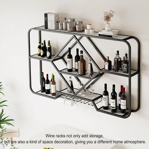 Vista 6 de Estante de metal para vino montado en la pared con soporte colgante para copas de vino, estante para licor, estante de almacenamiento de cocina