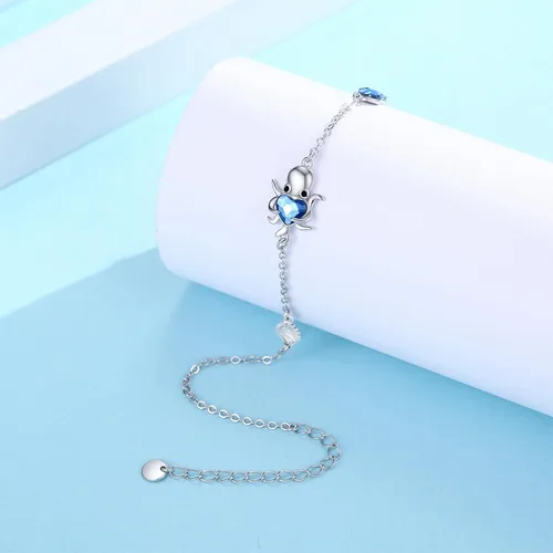 Vista 2 de CUOKA MIRACLE Pulsera de pulpo para mujer, pulsera de pulpo de cristal azul, joyería ajustable de 7 pulgadas + 2 pulgadas, dijes de cadena
