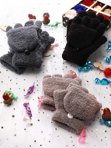 Vista 6 de 3 pares de guantes sin dedos para niños, guantes convertibles con tapa abatible, guantes de punto suave de invierno para niños y niñas