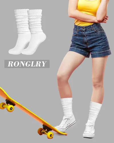 Vista 4 de Ronglry Juego de 3 pares de calcetines holgados para mujer, calcetines largos hasta la rodilla, muslo, botas altas, calentadores de piernas, retro