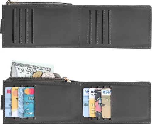 Vista 5 de Chelmon Billetera delgada para mujer, con bloqueo RFID, plegable, con bolsillo con cremallera, Gris oscuro con llavero, Minimalista