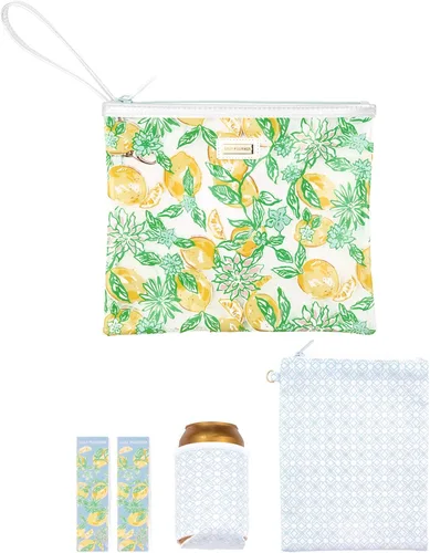 Vista 14 de Lilly Pulitzer Funda de vinilo resistente al agua para la playa, bolsa con cremallera incluye protector de bebidas, funda pequeña y clips para toalla