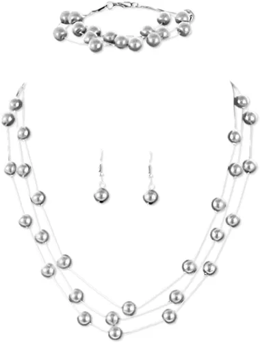 Vista 3 de Gargantilla de perlas de imitación, juego de collar y aretes en capas de plata dorada para mujeres, madre, novia, novia, boda Dorado