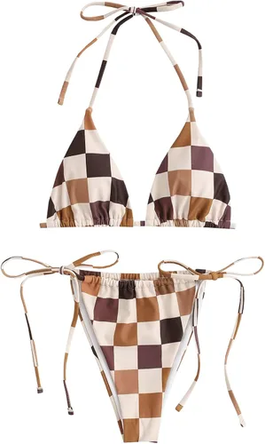 Vista 15 de ZAFUL Bikinis triangulares estampados para mujer, 2 piezas, bikini halter, traje de baño de corte alto, traje de baño con lazo lateral 0-negro a