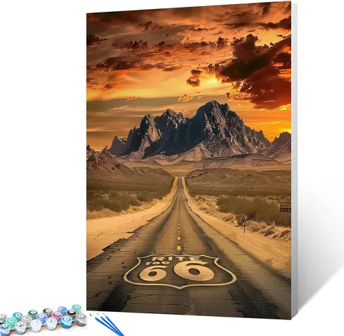 Vista 11 de America Route 66 - Pintura de montaña al atardecer por números, 16 x 20 pulgadas, lienzo de paisaje de EE. UU., pintura acrílica al óleo para niños