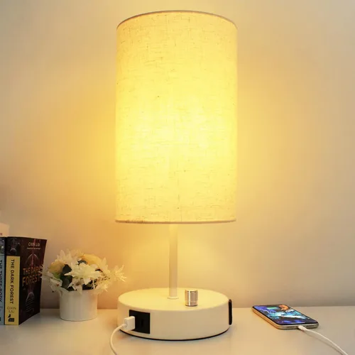 Vista 15 de HiBay Lámpara de mesita de noche regulable de 17.75 pulgadas con estación de carga, 2 puertos USB y salida de CA, luz rústica de grano de madera