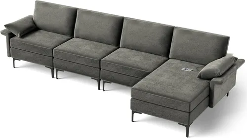 Vista 8 de KOMFOTT Sofá modular convertible extragrande de 130.5 pulgadas, sofá modular de 4 asientos en forma de L con diván reversible, salidas de 3 agujeros