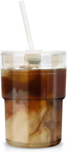 Vista 10 de Luxfuel Vaso Tumbler de Agua de Vidrio de 13 onzas con Pajita y Tapa, Tazas Reutilizables para Café Helado, Té Helado, Vaso Tumbler de Vidrio