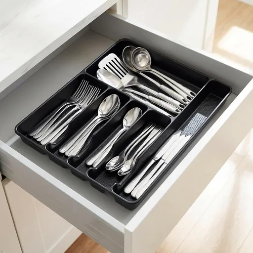 Vista 4 de Morcte Bandeja de plástico para cubiertos de plástico, 1 unidad, color negro Bandeja de cubiertos de 6 compartimentos, para organización