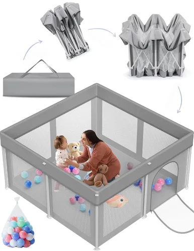 Vista 9 de Corralito plegable para bebés de 50 x 50 pulgadas, corralito para bebés y niños pequeños, valla de seguridad portátil ligera, sin instalación