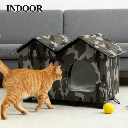 Vista 5 de Casa para gatos con calefacción al aire libre, casa elevada y aislada resistente a la intemperie para exteriores, refugio para gatos con almohadilla