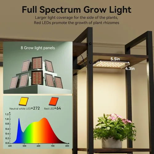 Vista 3 de Soporte para plantas de interior con luces de crecimiento de 11 niveles de madera, estante para plantas de interior de 157 cm de altura, soporte