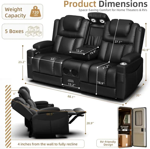 Vista 2 de Sofá reclinable eléctrico, asiento de cine en casa con consola abatible, sofá biplaza reclinable de pared con luz LED, puertos USB, sofá de casa