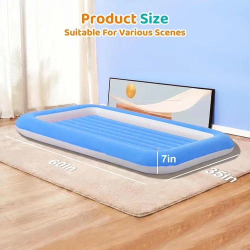 Vista 6 de Cama de aire para niños, colchón inflable para viaje de bebé con laterales, azul