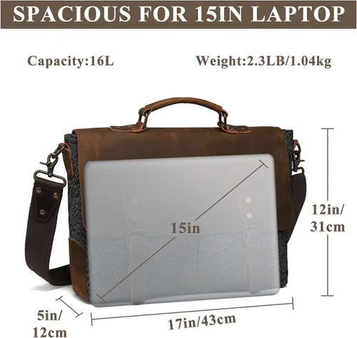 Vista 3 de VASCHY Bolsa de mensajero para hombre, bolso de lona de tweed de cuero vintage de 15.6 pulgadas para laptop de negocios, bolsa de hombro cruzada