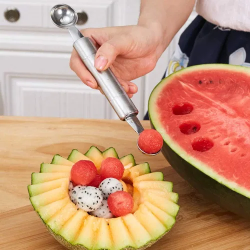 Vista 3 de 2 cucharas de melón Baller, formas de cortador de frutas de acero inoxidable, herramienta multifuncional para tallar cucharada de melón