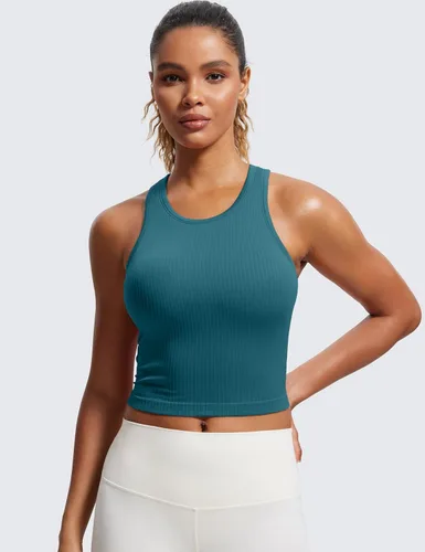 Vista 2 de CRZ YOGA Brasier deportivo de cuello alto acanalado sin costuras para mujer, espalda cruzada, acolchado, ajustado, con brasier integrado