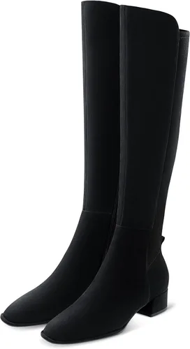 Vista 5 de 7or9 Botines de tacón medio para mujer con suela de lengüeta Chelsea Fashion Go Go Botas hasta la rodilla Botas de tacón grueso de lana - Negro