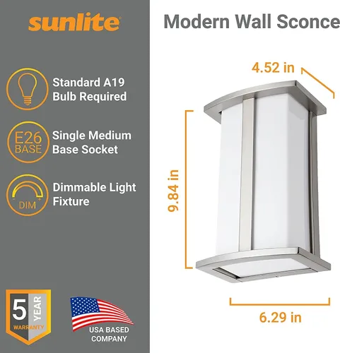 Vista 2 de Sunlite 46094 Lámpara moderna de pared, enchufe de base media (E26), bombilla no incluida, 60 vatios máximo, interior, pantalla ópalo, níquel