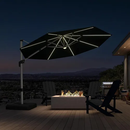 Vista 52 de PURPLE LEAF Sombrilla de patio de 9 x 12 pies con luces, sombrilla rectangular voladiza para exteriores, funciona con energía solar, LED