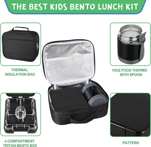 Vista 2 de Pawtong Set de Loncheras Bento con Termo para Sopa de 10oz, loncheras a prueba de fugas con 4 compartimentos, termo para alimentos calientes