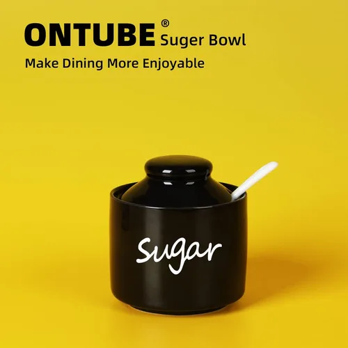 Vista 8 de ONTUBE Azucarero de cerámica con tapa y cuchara, tarro de azúcar de porcelana, 8oz (Negro)