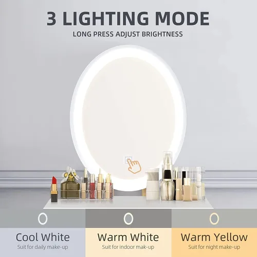 Vista 9 de YOURLITE Pequeño escritorio de tocador con espejo y luces, escritorio de maquillaje con silla y cajones para espacio pequeño, tocador gris