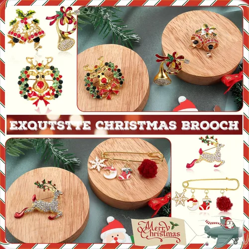Vista 3 de Kakonia Juego de 9 broches de Navidad con diamantes de imitación, joyería para mujeres y hombres, árbol de Navidad, reno, Papá Noel, cascabel
