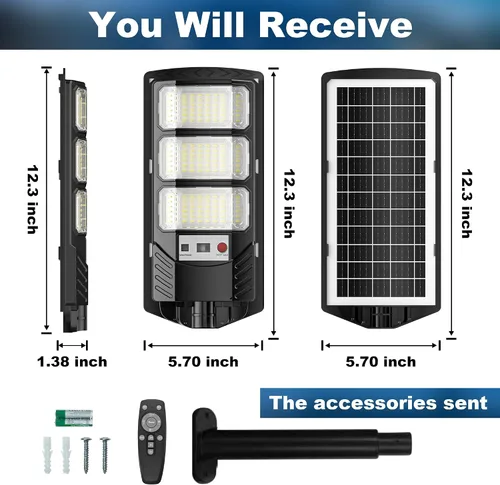 Vista 6 de Paquete de 2 luces solares de calle de inducción impermeables para exteriores, 6500 K, foco de seguridad con sensor de movimiento de control remoto