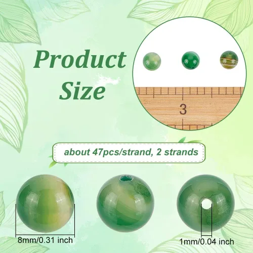 Vista 2 de OLYCRAFT Acerca de 94 cuentas de ágata natural de 0.315 pulgadas (0.315 in) teñidas de ágata verde a rayas verdes, cuentas redondas sueltas