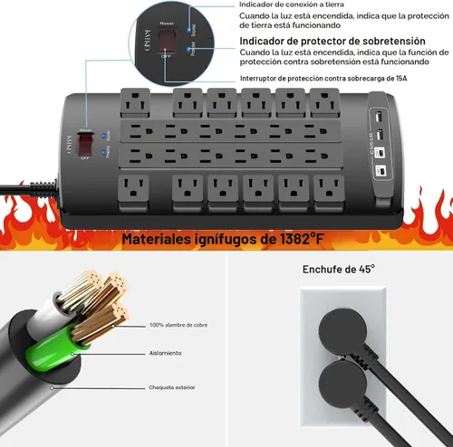 Vista 6 de QINLIANF Protector contra sobretensiones Regleta de enchufes - Cable de extensión de servicio pesado con enchufe plano de 6 pies con 24