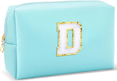 Vista 18 de URSKYTOUS Regalos para niñas, bolsa de maquillaje con inicial, bolsa de cosméticos personalizada con cremallera, bonita bolsa de aseo de viaje, Azul
