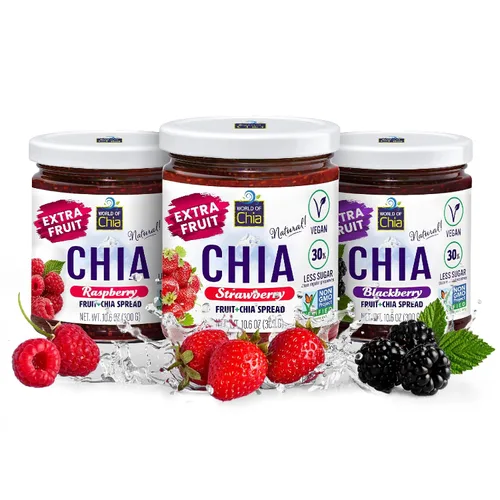 Vista 13 de World of Chia Mermelada de semillas de chía de frutas extra, mermeladas y conservas de moras, mermelada de chía súper alimentaria, totalmente