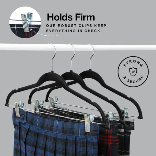 Vista 3 de Home-it - Perchas para pantalones con clips, 10 unidades, terciopelo negro, antideslizante, ahorro de espacio para pantalones, faldas, abrigos