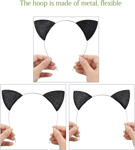 Vista 3 de Merroyal - Diadema de orejas de gato con brillantina para Halloween, elegante disfraz de gato para mujer