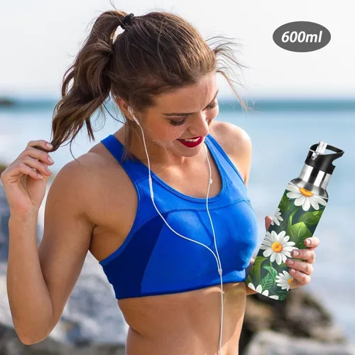 Vista 6 de BPA-Free Sports Water Bottle 32 Oz, Insulated Stainless Steel Water Bottle with Straw for Gym Outdoor Travel School, White Daisy Flowers Green Leaves