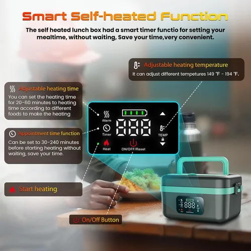 Vista 3 de Fiambrera eléctrica sin cable para almuerzo con calefacción para hombres, adultos y mujeres, batería recargable con calefacción automática
