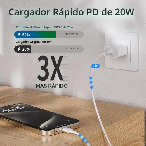 Vista 2 de Cargador de carga rápida para iPhone 14, 13, 12, 11 [certificado MFi], paquete de 3 bloques de cargador de pared USB C PD de 20W con cable USB C a