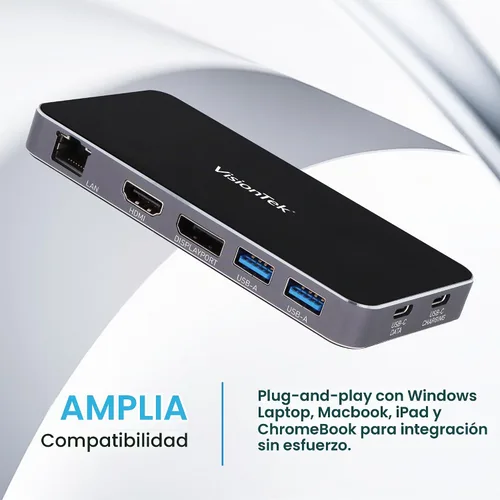 Vista 2 de VisionTek VT350 Hub portátil USB-C para monitor dual, 1 DP, 1 HDMI, 2 USB-A